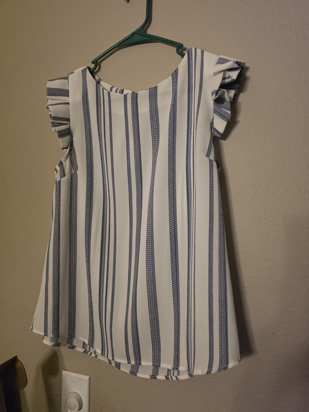 Monteau White and Blue Vertical Stripe Ruffle Sleeve Top